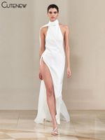 Casual Dresses Cute Solid White Sexy Lace Floor Maxi Dress Women Fashion Simple Sleeveless Backless High Side Slit Slim Lady Party273y