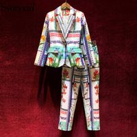 Женские брюки с двумя частями Svoryxiu дизайнер осенний модный набор женский винтажный цветочный принт с одним пуговицами брюки Twinsetwomen