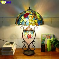 FUMAT Tiffany Style Double Lit Victorian Deco Table Lamp Stained Glass Colorful Table Lamps 16 Inch Handcraft Art Retro Lighting