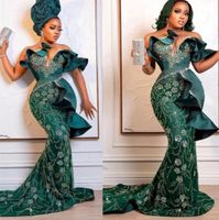 2022 Plus Size Arabic Aso Ebi Hunter Green Mermaid Prom Dresses Beaded Lace Evening Formal Party Second Reception Birthday Gowns Robe De Soiree
