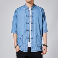 Ropa étnica chino tradicional para hombres blusa de mezclilla hanfu vintage tang traje jeans camisetas camisetas tops kk3505