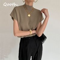 Qooth Solid Standup Collar giubbotto a maglia Office Short Short Office Lady All Match Shirt Fashion Sliose Elegant Straight Tops Qt908 220526
