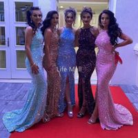 Sexy Glitter Mermaid Evening Prom Dresses 2022 Halter Neck School Formal Homecoming Dress Gowns For Sweet Girl Plus Size DD