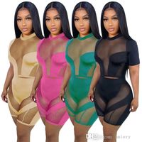 Designer Sheer Yoga Pants Tracksuit For Womens 2 Piece Sets Sexy Crop Tops Short Sleeve Mesh Splicing Shorts Outfits