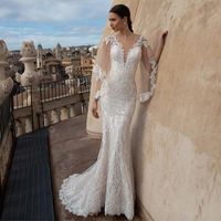 Other Wedding Dresses Elegant Lace 2022 Fashion V-neck Batwing Sleeve Applique Button Back Sweep Train Mermaid Bridal DressOther