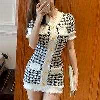 Coréen Elegant Rayway Designer Houndstooth-tricot Robe Femme Vintage à manches courtes Single Simple Pintels Sweater Robe Robe 220513