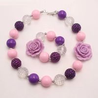 Baby Girls Purple Rose Flower Rhinestone Acrylic Beads Necklace Bracelets Chunky Jewelry Set For Child Kids