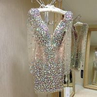 Party Dresses Luxury Beading Crystal Cocktail Dress Sexy Short Celebrity Long Sleeves Prom Vintage Women Formal Homecoming