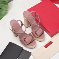 New straw high-heeled water platform sandals gold letters 13cm Italian leather luxury women's hgh-heeled shoes metal buckle 3284e