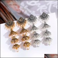 Dangle Chandelier Earrings Jewelry 2021 Womens Gold Carved Bells Bijoux Vintage Bohemia Pearl Beaded Tassel Long Ethnic Tribe Indian Drop