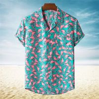 Élégant flamanto imprimé Hawaiian Aloha Men Men de la plage à manches courtes en été pour hommes Vêtements de vacances de fête de vacances 220527