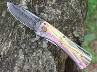 New Flipper Folding Knife Damascus Steel Drop Point Blade CN...