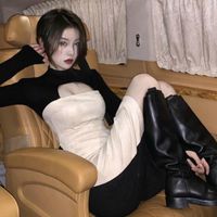 Casual Dresses Spring/Autumn Korean Sweet Sexy Girl Nightclub Fashion Dress Suede Slim Leaking Chest Stitching Elegant Woman&#039;s Chic