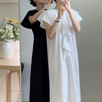 Women's Blouses & Shirts Clothland Women Stylish Ruffled Vestido Flying Sleeve V Neck White Black Simple Fashion Straight Midi Vestidos DA31