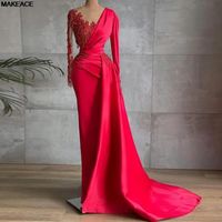 Party Dresses Illusion Women Evening Sexy V Neck Long Sleeve Red Beading Satin African Formal Muslim Prom Dress Obe Dubai SoireeParty
