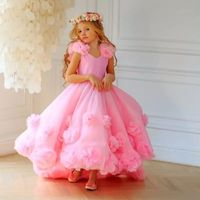 Schöne rosa 3D -applizierte hohe Blumenmädchenkleider für Hochzeits Kleinkind -Festzugskleider gegen Hals Ruffen Tüll Rückenless Kids Prom Kleid