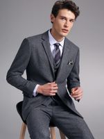 Men's Suits & Blazers Men Set 50% Wool Grey Solid Slim Fit Luxury Normal Blazer Vest Pant Winter Thicken Warm Single Breasted Wedding Groom