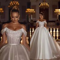 2022 Sparkly Off-the-Shoulder Sequins A-line Wedding Bridal Dress with Detachable Sweep Train BC12054