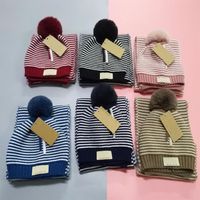 2 Pieces Child Beanies Cap Set Baby Kid Stripe Color Plush Ball Baby Girls Hat And Scarf Set Winter Warm Caps For Boys Girls 1-10 285P