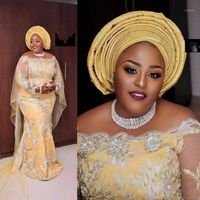 Casual Dresses Plus Size Africa Mermaid Evening Gowns Luxury Applique Beads Yellow Long Sleeve Prom With Tulle Jacket Nigeria Party Dress