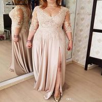 Plus Size Lace Illusion 3 4 Long Sleeve Sheath Mother Of the Bride Dresses Side Split Formal Evening Gowns V Neck See Through Part192I