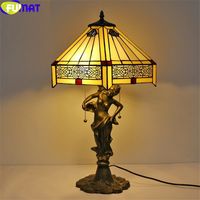FUMAT Tiffany Antique Style Table Lamps Rose Square Lampshade Stained Glass Cast Alloy Flower Frame Girl Peri Desk Light Art 12"