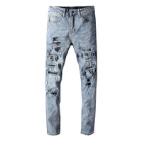 Jeans pour hommes ange imprimement rip slim fit skinny étoiles patchs man pant streetwear for young gars biker denim stretch culte stretch moto motorcycle birth with hole bleu