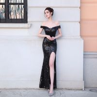 New Style Off Shoulder Dresses Bag Hip Sexy Sequin Party Performance Wedding Activity Photo Dress Evening 18159
