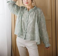 Women's Blouses & Shirts Vintage French Style 100% Cotton Green Daisy Long Sleeve Blouse Top With Ruffled Neck & Cuff Ties