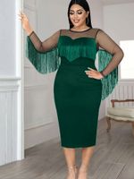 Black Dresses Plus Size 4XL Long See Through Sleeve Mesh Tassel Patchwork Cocktail Evening Party Gowns Outfits Fringe Dress