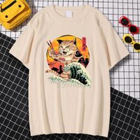القمصان للرجال اليابان Ukiyo e Waves Cat Print T Shirt Man Fashion Streetwear Retro حجم كبير الحجم