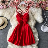 Günlük Elbiseler Woherb Kadınlar Elbise Bandaj Pileli A-Line Mini Vestidos 2022 Yaz Seksi Vintage Tatil Partisi Cornes Solid Sevimli