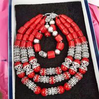 Earrings & Necklace Coral Bead And Silver Charm African Wedding Bride Jewelry Set 3 Layers Bib Design Handmade FT106Earrings