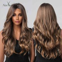 Alan Eaton Dark Brown Long Water Wave Synthetic Hair Wigs For Black Women Cosplay Party Wigs With Pony High Temperature fiber J220606