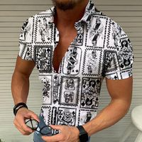 남자를위한 그래픽 셔츠 트렌디 한 옷깃 여름 여름 야외 느슨한 패션 편지 줄무늬 인쇄 버튼 아래로 짧은 슬리브 비치 파티 스타일 하와이 플러스 사이즈 블라우스