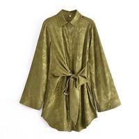 Casual Dresses Yenkye Höst Kvinnor Vintage Olive Green Satin Jacquard Shirt Klänning Kvinnlig Flare Ärm Loss upp Loose Short Robe