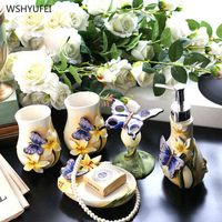 5Pcs European stereo butterfly flower ceramic bathroom wash kit mouth cup toothbrush holder soap bottle soap dish home wash set H220418