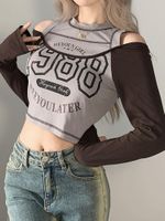 여자 티셔츠 가짜 두 조각 문자 인쇄 탑 여성 Y2K 미학적 작물 상단 펑크 대비 슬림 요정 그런지 그래픽 오프 어깨 T 셔츠
