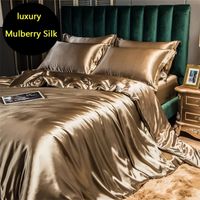 Mulberry Silk luxury Bedding Set with fitted sheet High-end 100% Silk Satin Bedding Sets soft smooth Solid Color quilts Cover 220316