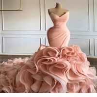 2021 Blush Pink Mermaid Wedding Dresses Elegant Sweetheart V Neck Tiered Skirt Ruffles Princess Trumpet Vestidos De Novia Wedding 220P