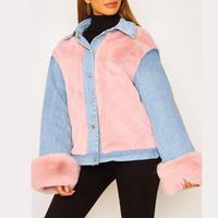 Frauenjacken Herbst und Winter Casual Denim Stitching Woll warme Jacke rosa langärmelig