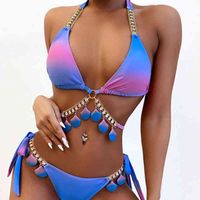 2022 Sexy Shell Diamante Bikini Halter Push Up Swimwear Mulheres Swimsuit Feminino Estranha Bikini Set Brasileiro Terno Banheira Beachwear Y220420