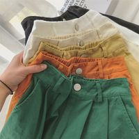Shorts de verão feminino estilo coreano Candy Color Solid Cotton Casual Wide perna Bermuda Botão voar na cintura alta 220610