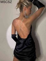 Rhinestone Sırtsız Siyah Saten Elbise Drawstring Dantel Dökümlü Parti Elbise Seksi Çapraz Kayışlar Bodycon Mini Elbise Nigth Club Wear T220816