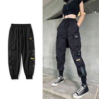 Уличная одежда черные брюки Женские корейские стиль эластичные талию спортивные штаны мешковаты