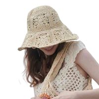Cimri ağzı şapkalar kadınlar yeni tığ işi el yapımı saman dokuma güneş yaz güneş koruyucu kova bayanlar büyük kenar plaj katlanabilir 220611