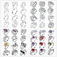 48pcs lot Mixed Style 925 Sterling Silver Plated Finger Ring With Zircon Fashion Cute Party Gift Jewelry For Women Mixed Size 256A