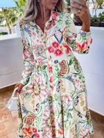 Lässige Kleider Frauen Mode Turndown Collar Knopf Langes Kleid elegante blumdruckgedruckte Hemden Frühling Sommerhülle locker