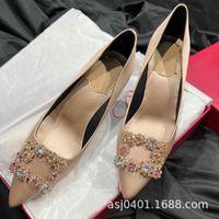 Classic Dress Shoes women&#039;s shoes wedding single diamond buckle snowflake Satin Bridesmaid pointed thin heel high heels bride&#039;s HWO1 C7PG