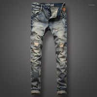 Jeans de estilo italiano Jeans de alta qualidade A juventude de rua Youth Street Biker Retro Vintage calça jeans destruída Ripped Homme Men's